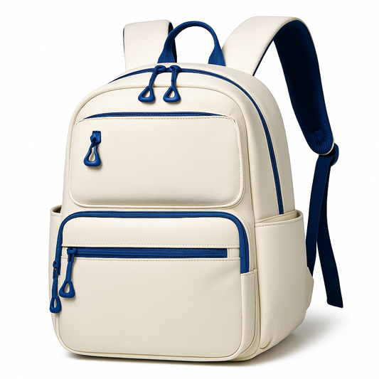 zaino bianco con cerniera azzurra
